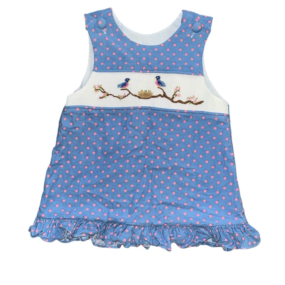 Remember Nguyen Cotton Blue Polka Dot Kids Tank with Bird Embroidery